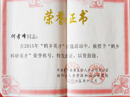 鶴鄉(xiāng)英才榮譽證書